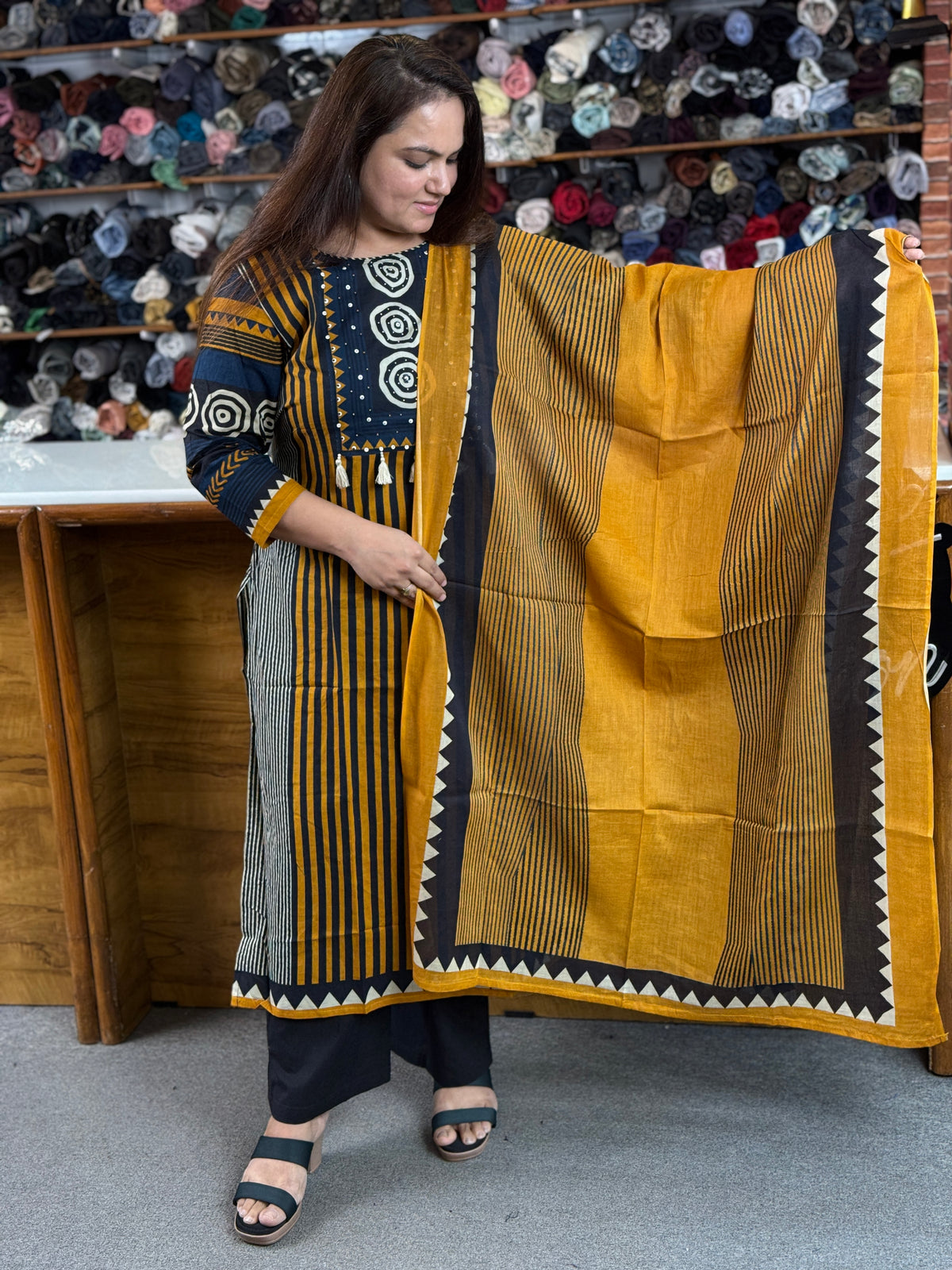 Women’s Striped Cotton Kurta Set with Dupatta