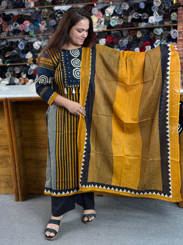 Women’s Striped Cotton Kurta Set with Dupatta