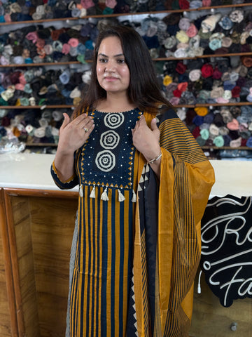Women’s Striped Cotton Kurta Set with Dupatta