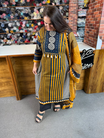 Women’s Striped Cotton Kurta Set with Dupatta