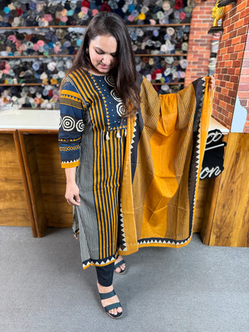 Women’s Striped Cotton Kurta Set with Dupatta