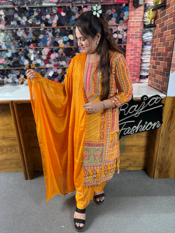 Luxury Pakistani Lawn Suit in Mustard | Designer 3 Piece Collection