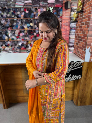 Luxury Pakistani Lawn Suit in Mustard | Designer 3 Piece Collection