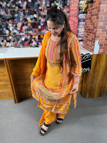 Luxury Pakistani Lawn Suit in Mustard | Designer 3 Piece Collection