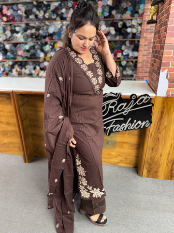 Women's Premium Mul Cotton Embroidered 3 Piece Kurta Set | Raja Fashion