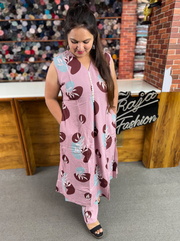 Women's Printed Cotton Co-Ord Set | Sleeveless Kurta Pant Set with Attached Sleeves