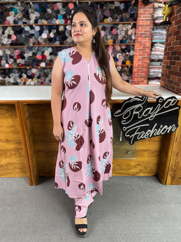 Women's Printed Cotton Co-Ord Set | Sleeveless Kurta Pant Set with Attached Sleeves