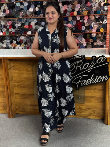 Women's Printed Cotton Co-Ord Set | Sleeveless Kurta Pant Set with Attached Sleeves