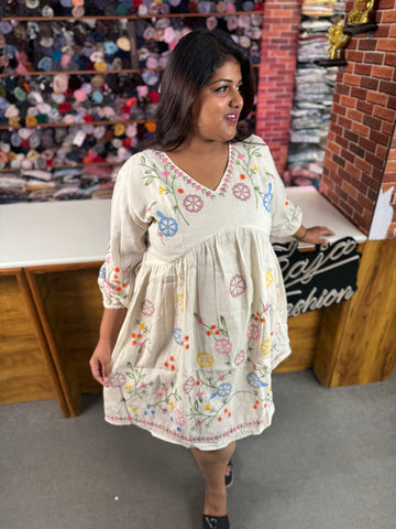 Premium Plus Size Floral Vine Embroidered Frock for Women | Trendy Short Dress